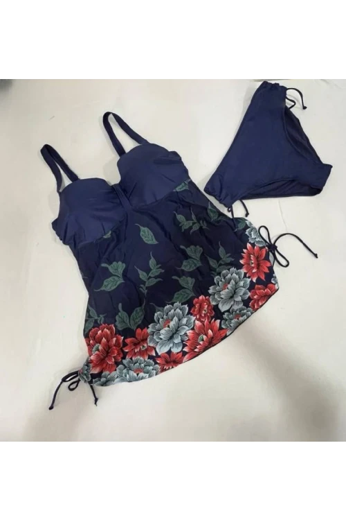 Kadın Lacivert Çiçek Desenli Elbise Model  Slipli Tankini HZL24S-LC4009