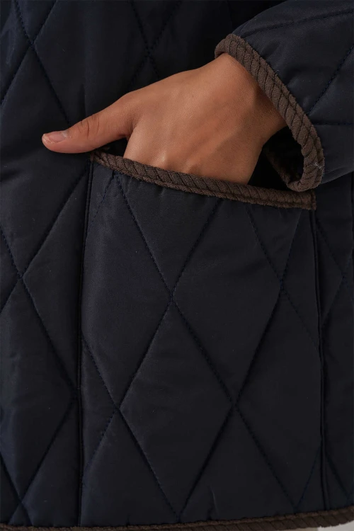 Kadın Lacivert Çıt Çıt Kapamalı Kadife Detaylı Kapitone Mont HZL25W-BD152261