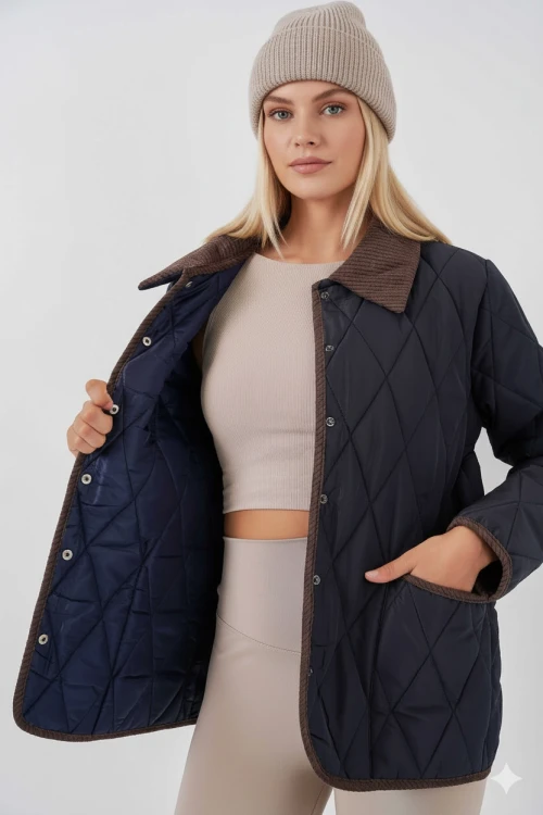 Kadın Lacivert Çıt Çıt Kapamalı Kadife Detaylı Kapitone Mont HZL25W-BD152261