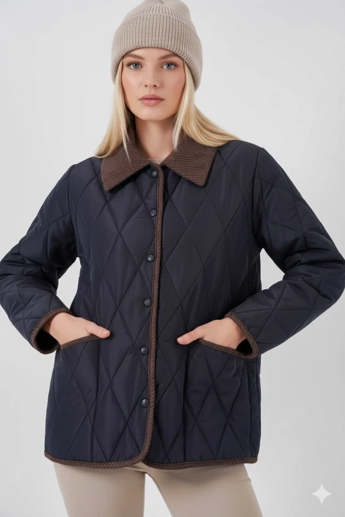 Kadın Lacivert Çıt Çıt Kapamalı Kadife Detaylı Kapitone Mont HZL25W-BD152261