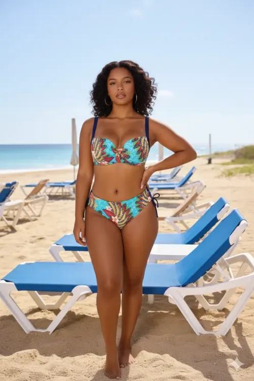 Kadın Lacivert Çok Renkli Yüksek Bel Toparlayıcı Büyük Beden Bikini Takım HZL24S-LC7015