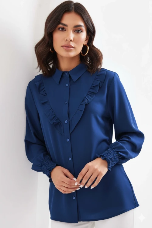 Kadın Lacivert Fırfır Detaylı Uzun Kollu Şık Gömlek HZL25W-BD1202231