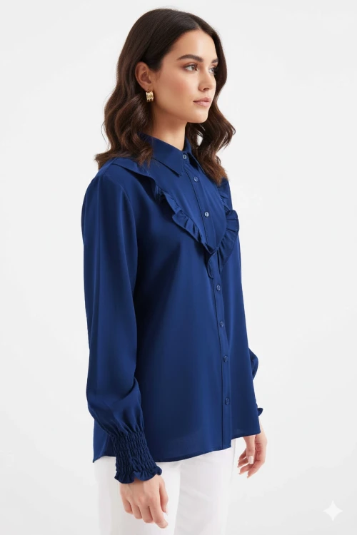 Kadın Lacivert Fırfır Detaylı Uzun Kollu Şık Gömlek HZL25W-BD1202231