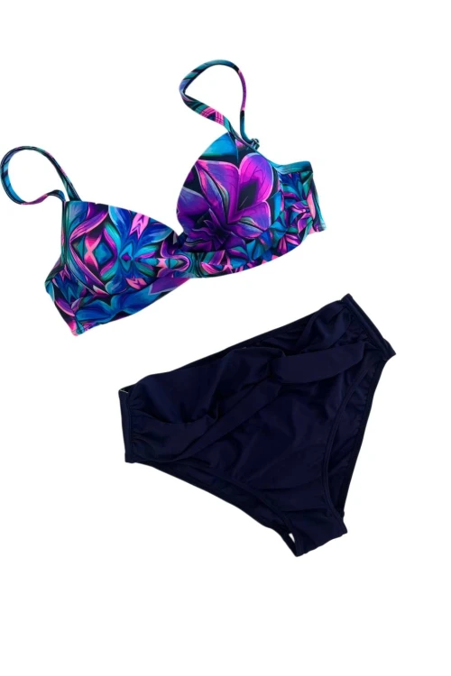 Kadın Lacivert Fuşya Çiçek Desenli Astarlı Büyük Beden Bikini Takımı HZL25S-LC24108