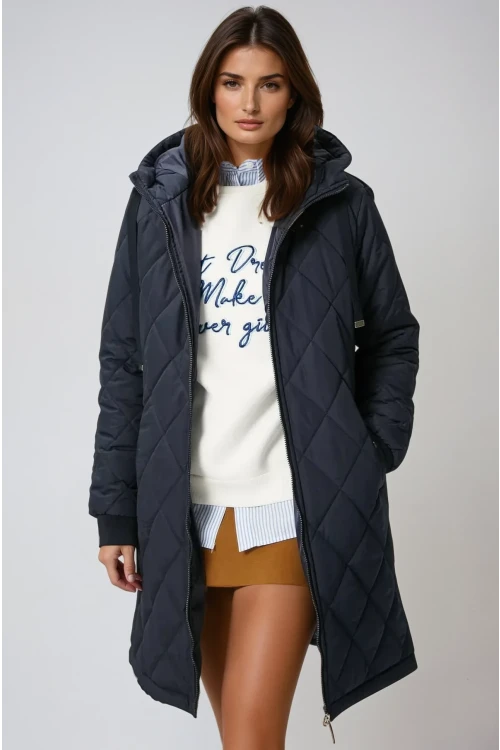 Kadın Lacivert Kapitone Uzun Şişme Mont HZL22W-BD151381