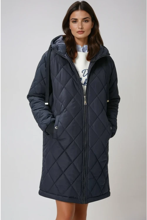 Kadın Lacivert Kapitone Uzun Şişme Mont HZL22W-BD151381