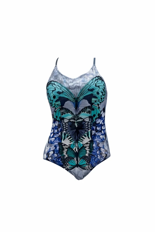 Kadın Lacivert Kelebek Desen İp Askılı Straplez Mayo HZL25S-AR01