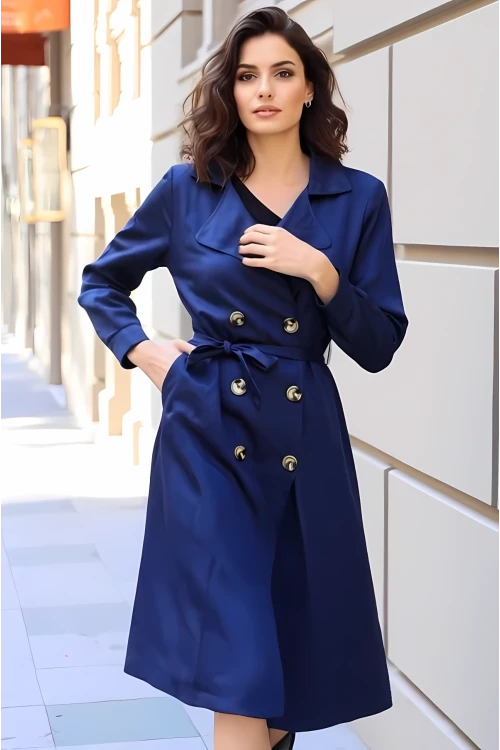 Kadın Lacivert Kruvaze Yaka Kemerli Astarsız Mevsimlik Rahat Trençkot Hzl22s-bd158531