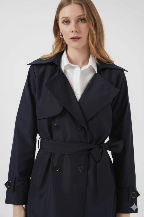 Kadın Lacivert Kruvaze Yaka Kuşaklı Astarlı Trençkot HZL25W-BD159181