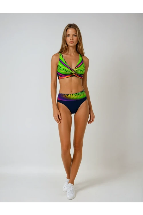 Kadın Lacivert Sarı Desenli Yüksel Bel Astarlı Bikini Takımı HZL25S-LC22315-5