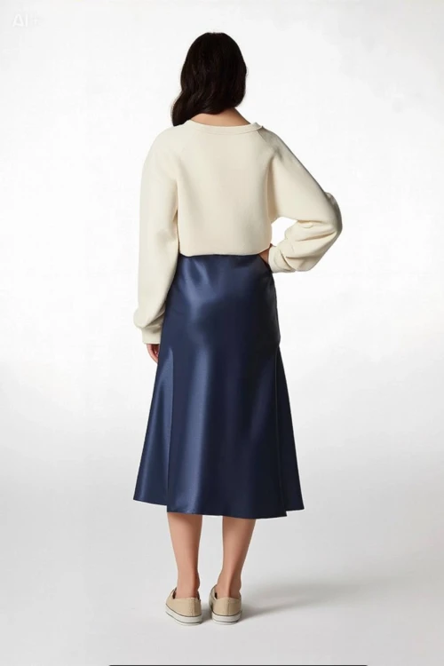 Kadın Lacivert Saten Yüzeyli Beli Lastikli Midi Boy Etek Hzl23s-bd1101471