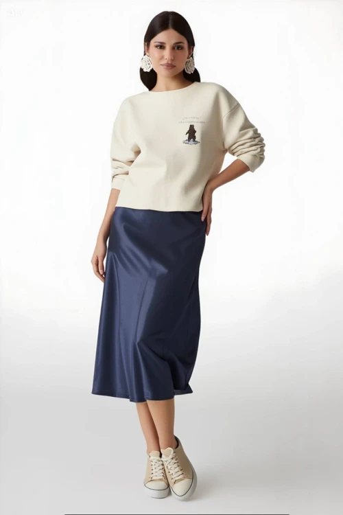 Kadın Lacivert Saten Yüzeyli Beli Lastikli Midi Boy Etek Hzl23s-bd1101471