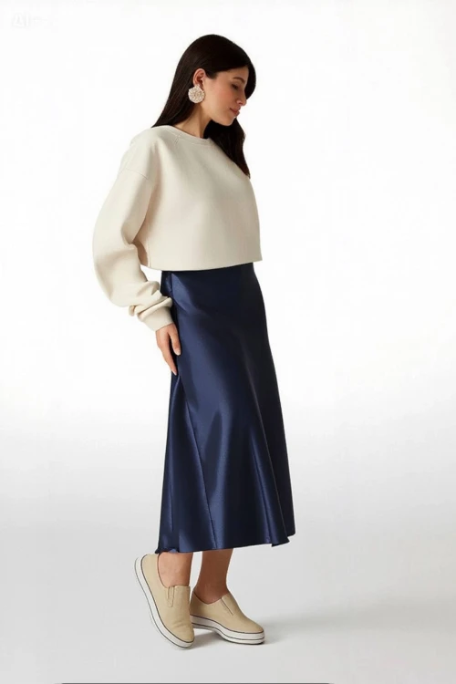 Kadın Lacivert Saten Yüzeyli Beli Lastikli Midi Boy Etek Hzl23s-bd1101471