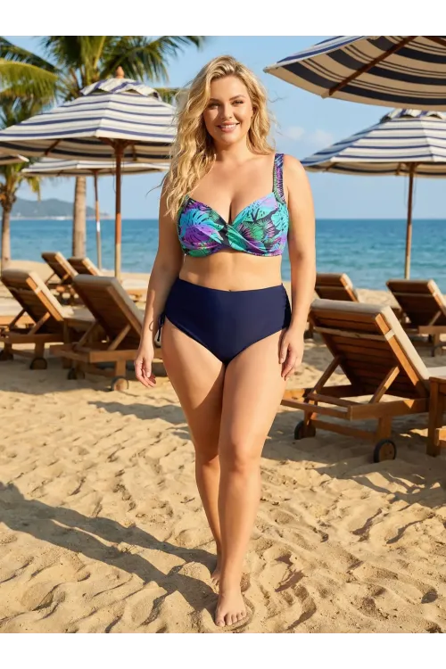 Kadın Lacivert Turkuaz Desenli Astarlı Büyük Beden Bikini Takımı HZL25S-LC3832