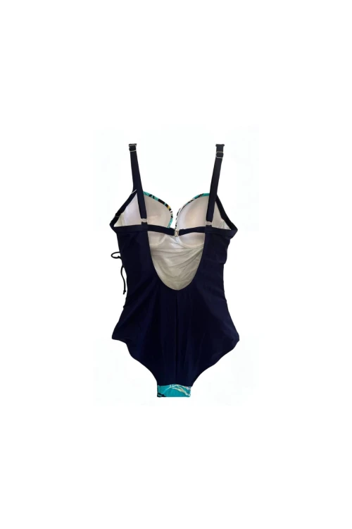 Kadın Lacivert Turkuaz Sarı Tüy Desen Yandan Drapeli Mayo HZL25S-LC6243