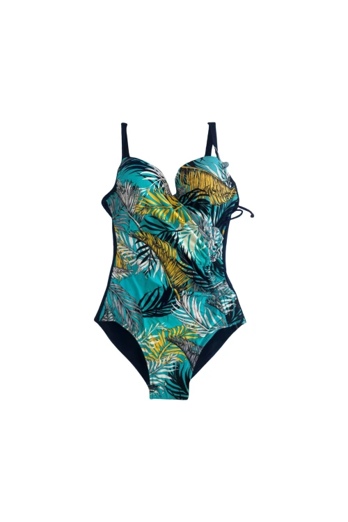 Kadın Lacivert Turkuaz Sarı Tüy Desen Yandan Drapeli Mayo HZL25S-LC6243