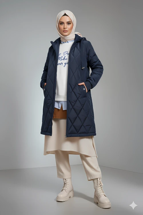 Kadın Lacivert Uzun Kapitone Astarlı Şişme Tesettür Mont HZL25W-BD151381