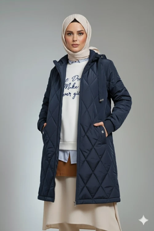 Kadın Lacivert Uzun Kapitone Astarlı Şişme Tesettür Mont HZL25W-BD151381