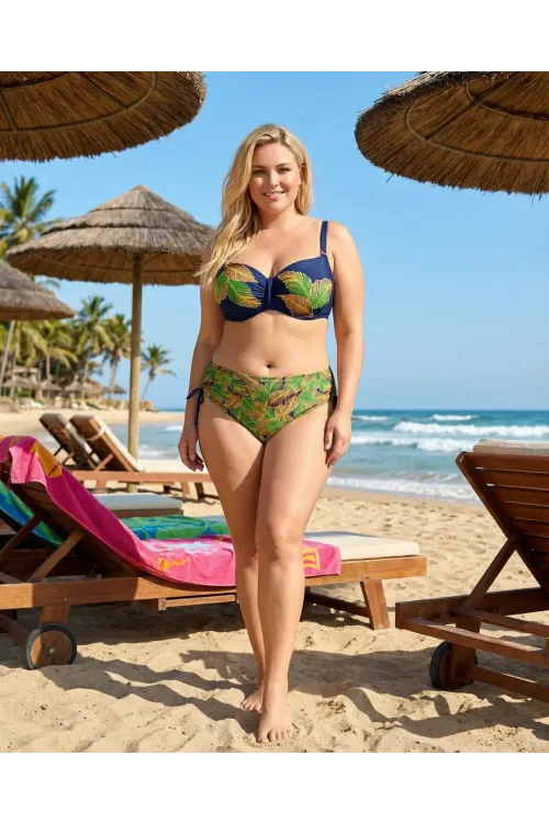 Kadın Lacivert Yaprak Desenli Taş İşlemeli Astarlı Bikini Takım HZL25S-LC3305