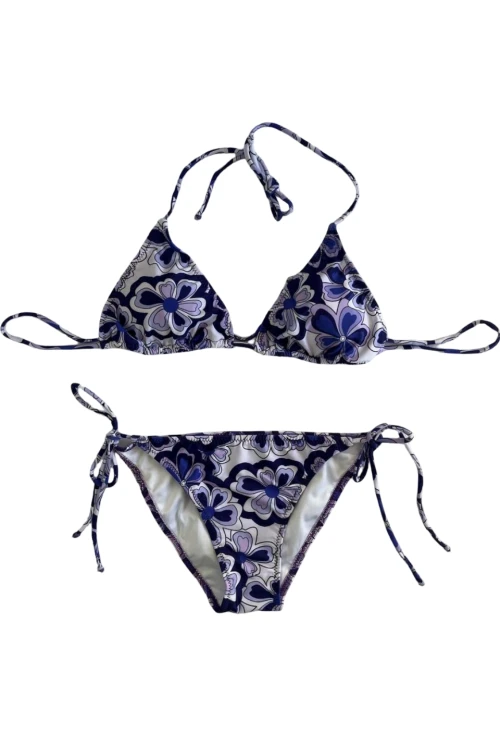 Kadın Lila Çiçek Desenli Boyundan İp Bağlamalı Üçgen Bikini Takımı HZL25S-LC5005