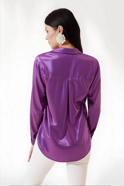 Kadın Lila Hafif Dökümlü Saten Yüzeyli Gömlek Hzl22w-bd139641