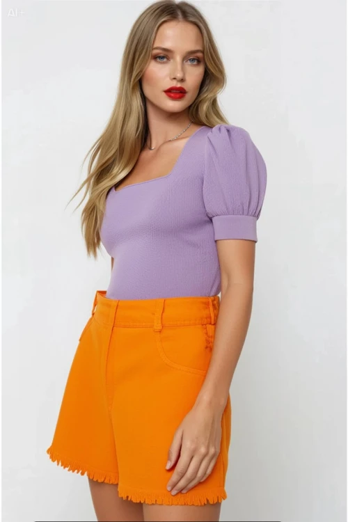 Kadın Lila Kare Yaka Örme Bluz HZL22W-BD104091