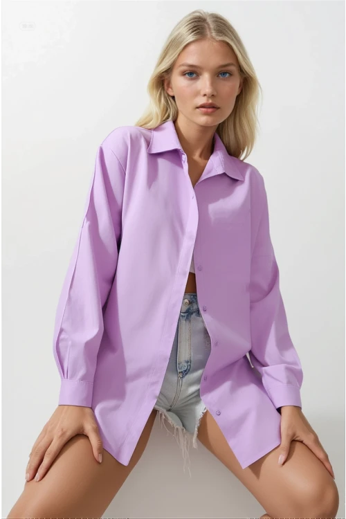 Kadın Lila Oversize Uzun Basic Gömlek Hzl22w-bd139001