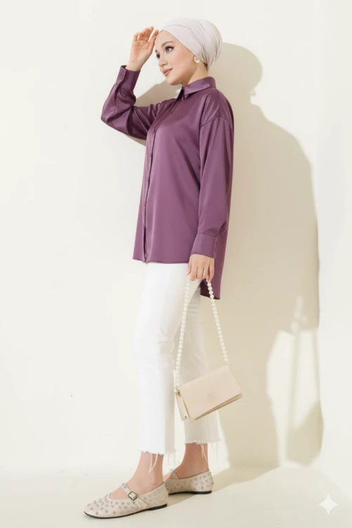 Kadın Lila Saten Yüzeyli Tesettür Gömlek HZL25W-BD139641