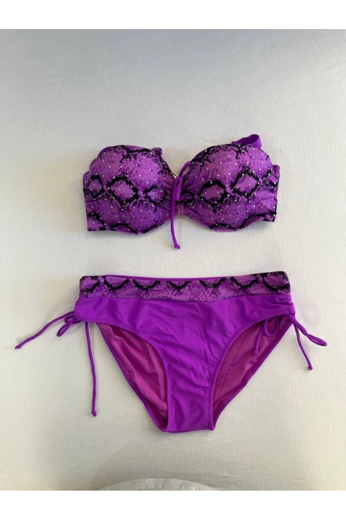 Kadın Lila Siyah Desenli Taş İşlemeli Toparlayıcı Bikini Takım HZL25S-LC3333