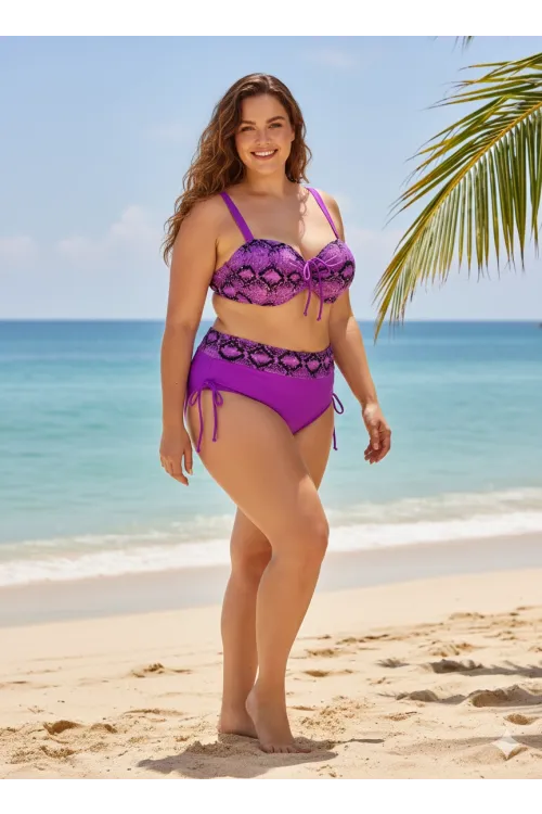 Kadın Lila Siyah Desenli Taş İşlemeli Toparlayıcı Büyük Beden  Bikini Takım HZL25S-LC3333