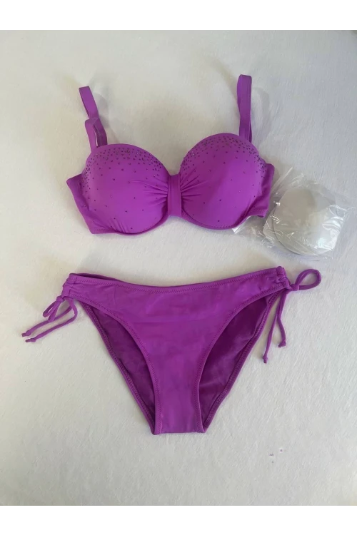 Kadın Lila Taş İşlemeli 3 Parça Bikini Takım HZL25S-LC3315