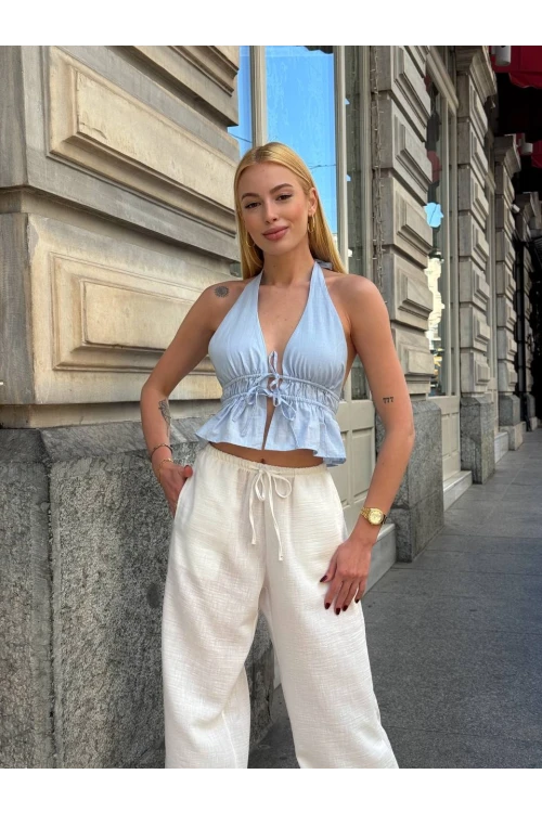 Kadın Mavi Boyundan Bağlamalı Sırtı Açık Keten Bluz HZL24S-ZK11081