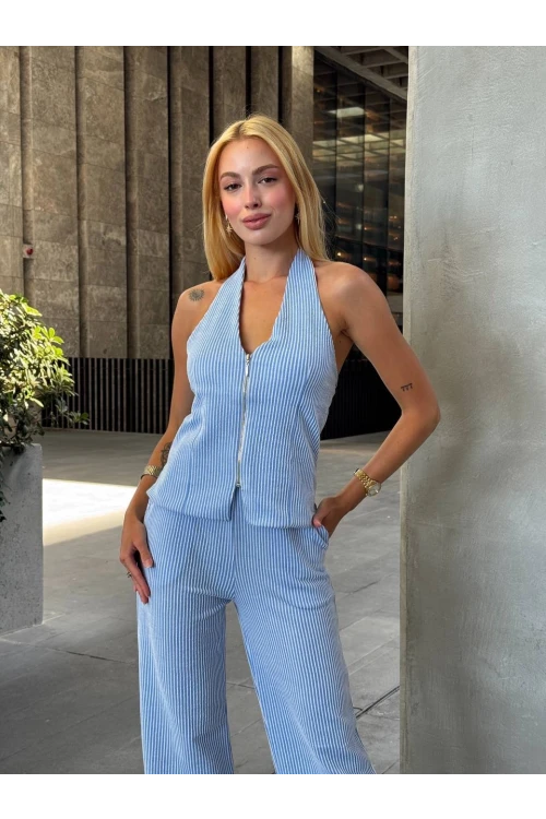 Kadın Mavi Çizgili Önü Fermuarlı Bluz Pantolon İkili Takım HZL25S-ZK13691