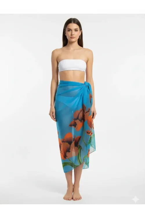 Kadın Mavi İpeksi Dokulu İthal Şifon Pareo HZL26-LC000