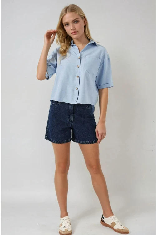 Kadın Mavi Keten Görünümlü Crop Gömlek HZL25S-BD1203391