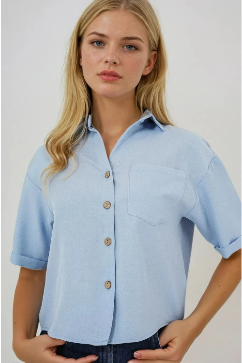 Kadın Mavi Keten Görünümlü Crop Gömlek HZL25S-BD1203391