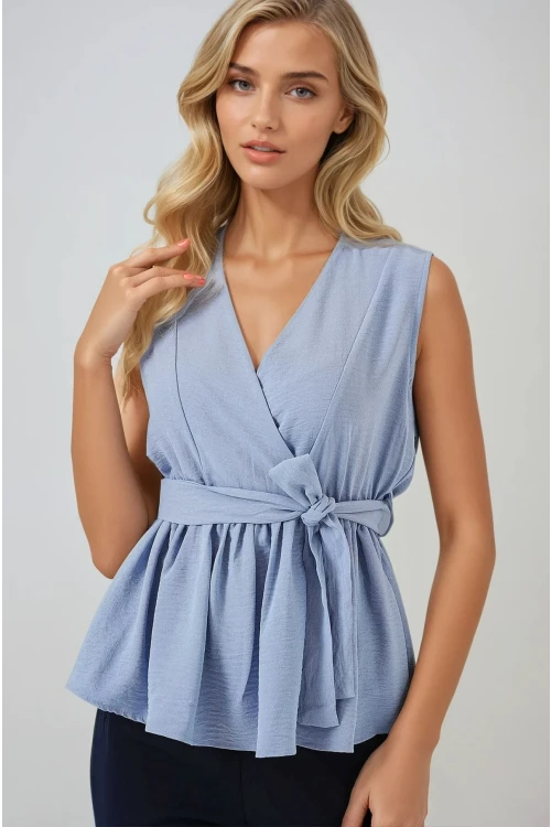 Kadın Mavi Kruvaze Yaka Beli Lastikli Kuşaklı Bluz HZL25S-BD19661