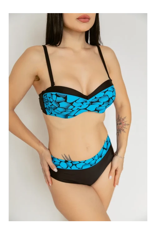 Kadın Mavi Siyah Desenli Astarlı Bikini Takımı HZL25S-LC25143