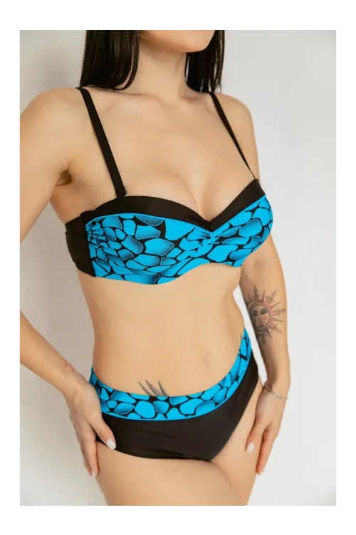 Kadın Mavi Siyah Desenli Astarlı Bikini Takımı HZL25S-LC25143