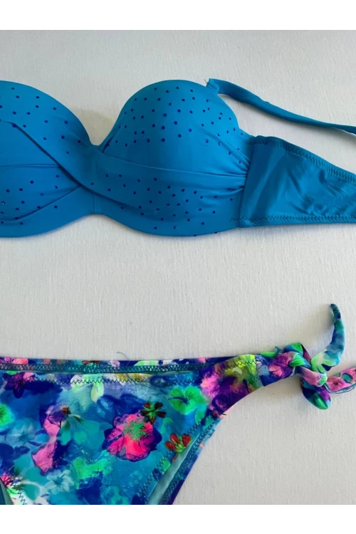 Kadın Mavi Taş İşlemeli Desenli Astarlı Bikini Takım HZL25S-LC203