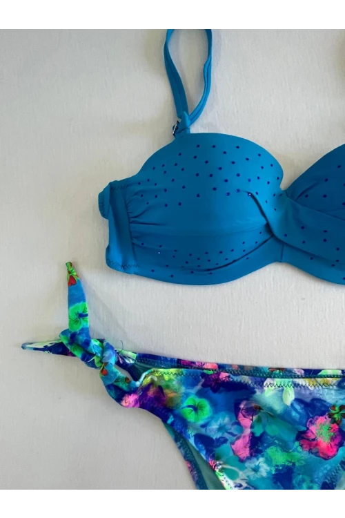 Kadın Mavi Taş İşlemeli Desenli Astarlı Bikini Takım HZL25S-LC203