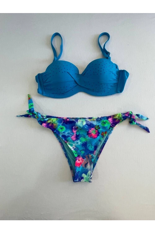 Kadın Mavi Taş İşlemeli Desenli Astarlı Bikini Takım HZL25S-LC203