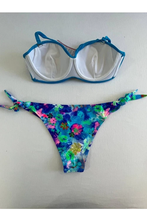 Kadın Mavi Taş İşlemeli Desenli Astarlı Bikini Takım HZL25S-LC203