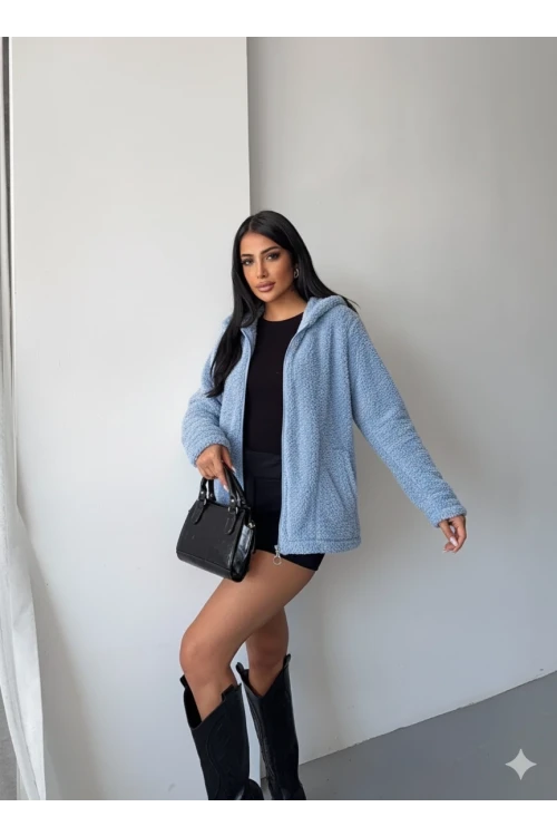 Kadın Mavi Welsoft esnek kumaş Peluş Yumoş Önü Fermuarlı Kapüşonlu Ceket HZL23W-DSB110081