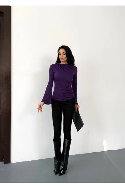 Kadın Mor Drape Detaylı İspanyol Kol Sany Bluz HZL25W-FRY123431