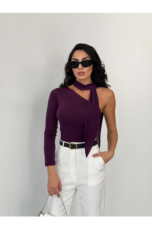 Kadın Mor Fularlı Sandy Kumaş Asimetrik Kesim Bluz HZL25S-FRY123371