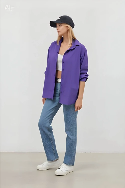 Kadın Mor Oversize Uzun Basic Gömlek Hzl22w-bd139001