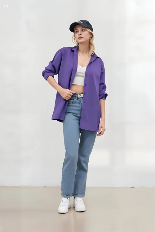 Kadın Mor Oversize Uzun Basic Gömlek Hzl22w-bd139001