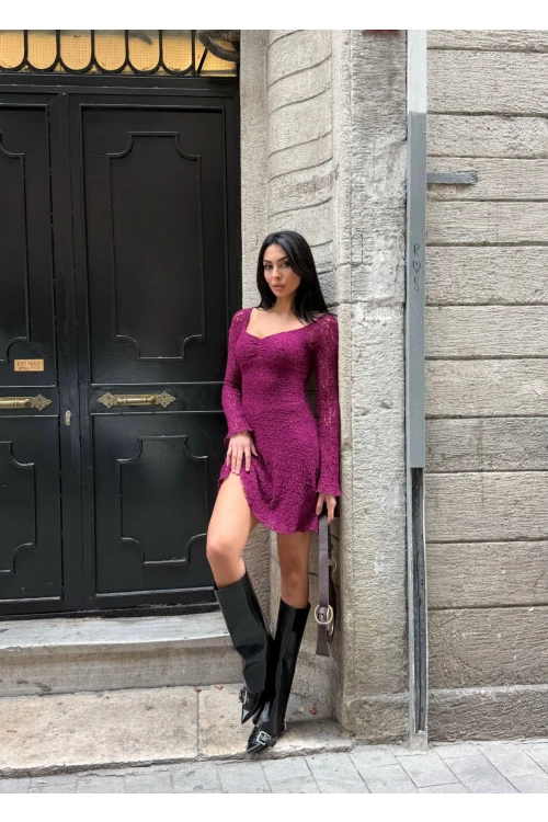 Kadın Mor Uzun Kollu Dantel Detay Astarlı Kloş Elbise HZL25W-FRY123531