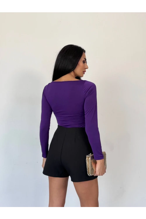 Kadın Mor Uzun Kollu Göğüs Dekolteli Tokalı Bluz HZL25W-FRY123501